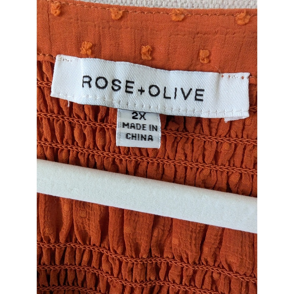 Rose + Olive Blouse Womens 2X Burnt Orange Swiss Dot Smocked Button Front Boho - Picture 4 of 9